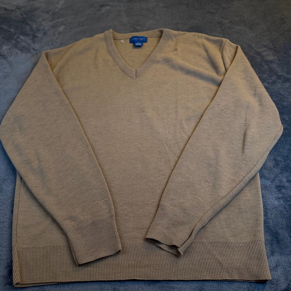 Towncraft V-Neck Sweater Mens Large Tan Khaki Acrylic Knit Pullover Made in USA